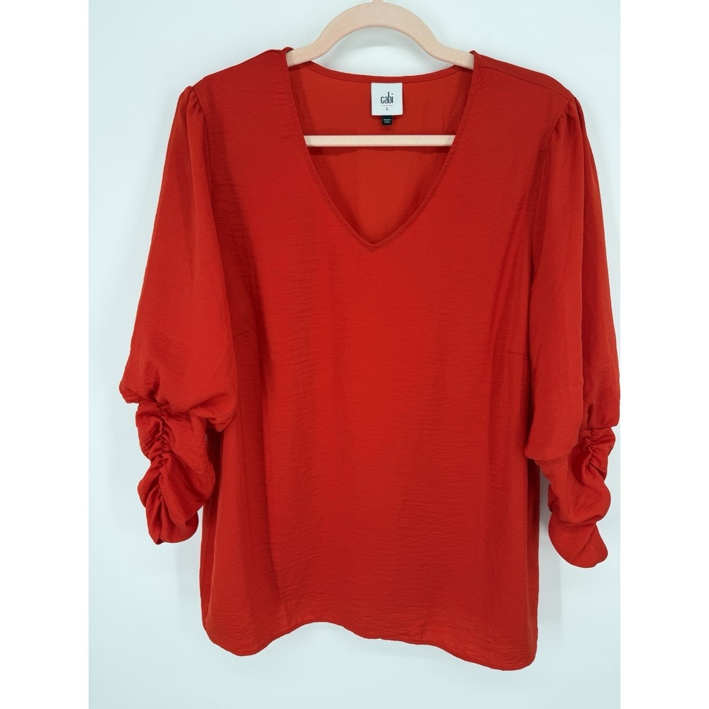 CAbi 5709 Aurora Blouse Vibrant Red V-Neck Cinch‎ Ruched Sleeve Silk Feel Top L
